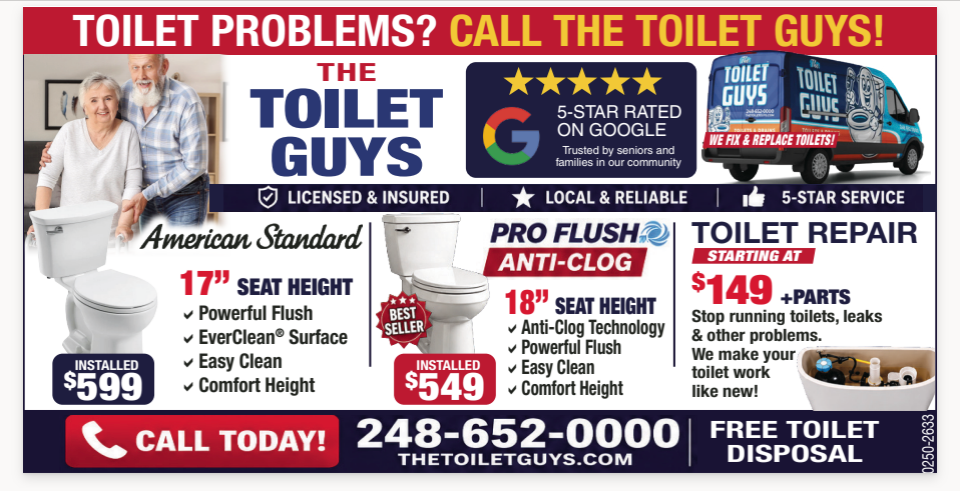 The Toilet Guys coupon: American Standard 17-inch toilet installed for $599, Pro Flush 18-inch toilet installed for $549, and toilet repair starting at $149 plus parts